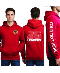 Leavers Personalised Custom Hoodie – Front Embroidered School Logo, "Leavers" Design & Customised "26" in Bold Block-Style Numbers with Student Names in Paragraph-Style Font on the Back and Customised Vertical Sleeve Text